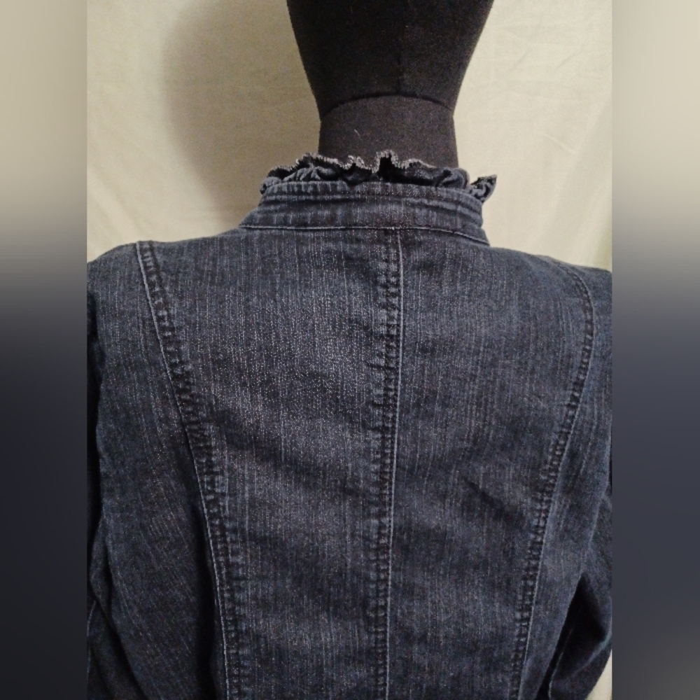 Petite Sophisticate Blue Denim Ruffle-Trim Jean Jacket Velvet Detail Design - Picture 8 of 14